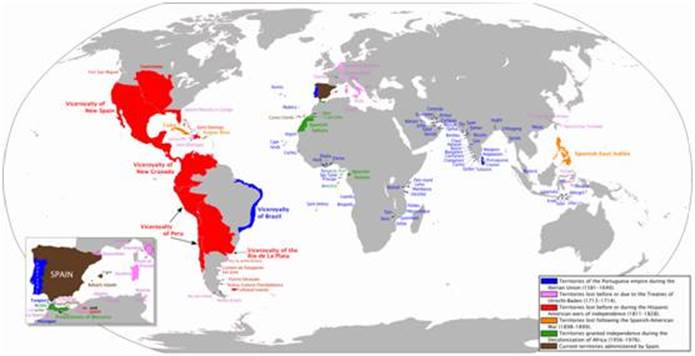 图/西班牙,葡萄牙帝国曾经的范围(红色为西班牙在美洲的殖民地),来源