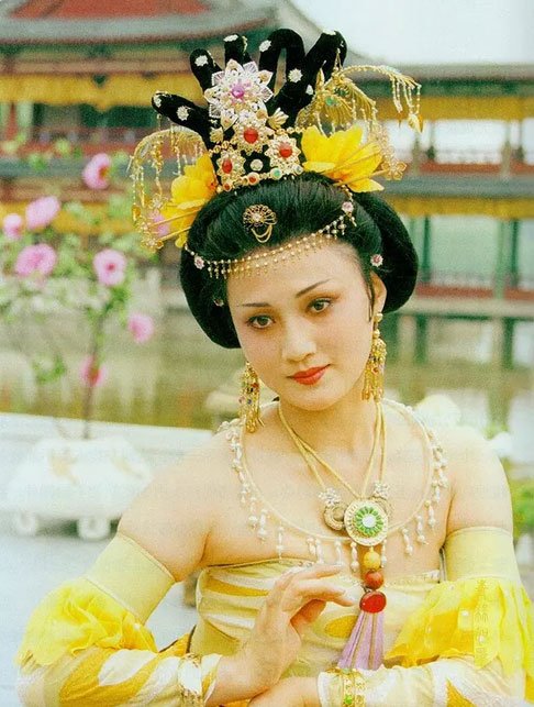 电视剧《唐明皇》中的杨妃，林芳兵饰演。贵妃装束中即有义髻黄衣