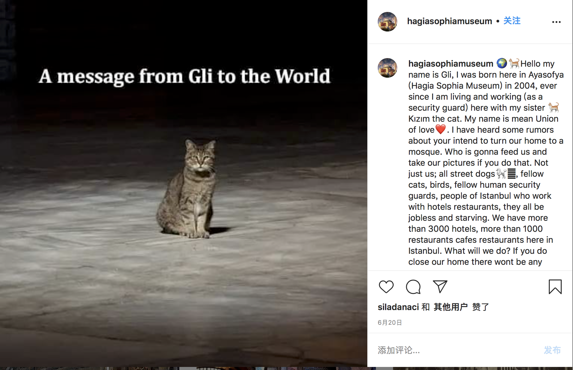 6月20日，圣索菲亚博物馆官方社交媒体账号上，发布一张Gli的照片，并po出了一段以Gli口吻撰写的文案