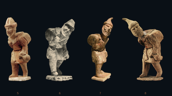 从左到右依次为：唐代大食商人俑，西安出土；胡商俑，美国弗利尔艺术博物馆藏；胡商俑，西安博物院藏；胡商俑，西安出土
