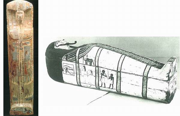 图7 （左）羽饰棺 图8 （右）阿赫摩斯的木棺，房屋女主人奈赫特（Nakht）之子，18王朝早期的典型风格，白色背景，四条铭文，隔间的装饰包括：瓦吉特眼、豺狼头形象的阿努比斯、阿赫摩斯的妻子和女儿哭悼的场景、阿赫摩斯的两个儿子。发现于底比斯。
