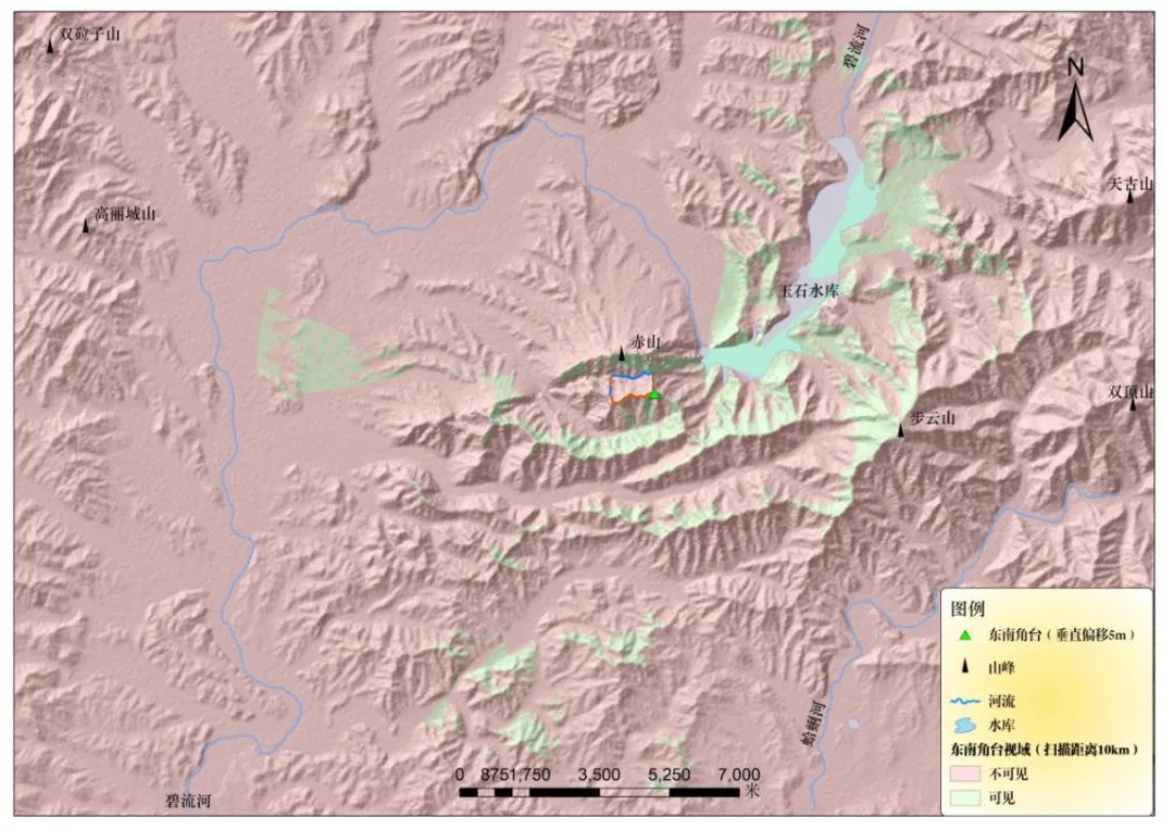 赤山山城东南角台视域分析（垂直偏移5米、扫描距离10千米）
