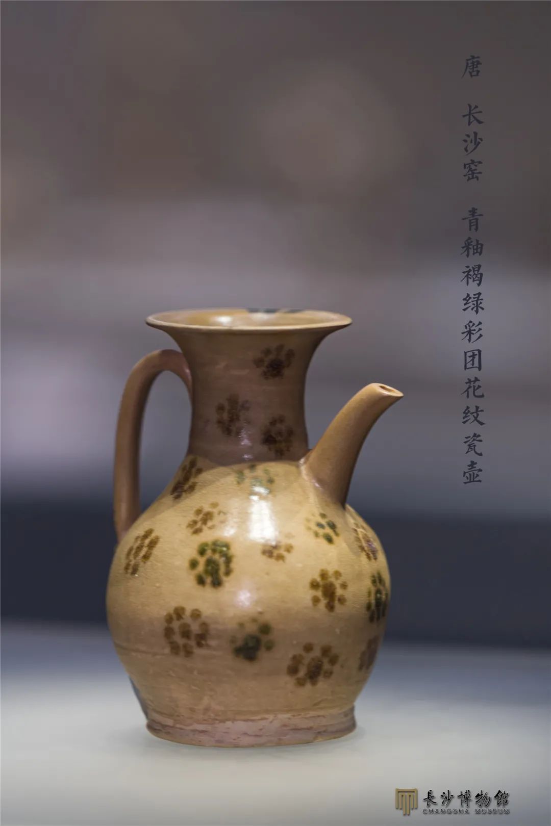 青釉褐绿彩团花纹瓷壶 唐（618-907年） 长沙铜官窑遗址出土 长沙市博物馆藏