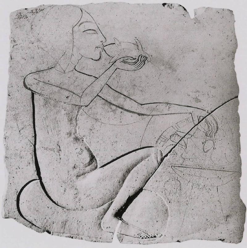 《吃鸭子的公主》石灰岩浮雕半成品，阿玛尔那北王宫（North Palace, Amarna），新王国第18王朝，约公元前1353-1336年，开罗埃及博物馆（Egyptian Museum, Cairo）