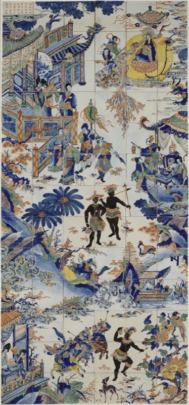彩色釉陶中国与美洲人物图壁