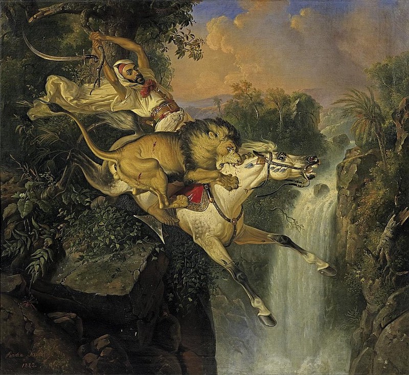 《马背上的阿拉伯人被狮子袭击》，拉登·萨利赫，1842年，私人收藏