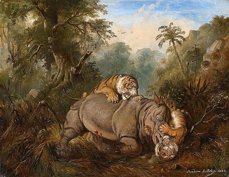 《巽他犀牛与两只老虎搏斗》，拉登·萨利赫，1840年，印尼力宝集团收藏