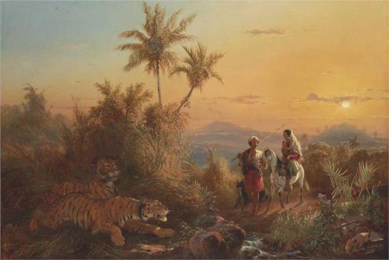 《爪哇风景，老虎偷听旅行者的声音》，拉登·萨利赫，1849年，私人收藏