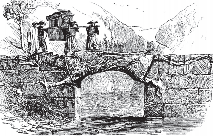 龙桥，栏杆由龙的翅膀构成，桥宽10米，位于柳江上（来自：库柏《从中国到印度—旅途之所见》，耶拿，1877年)